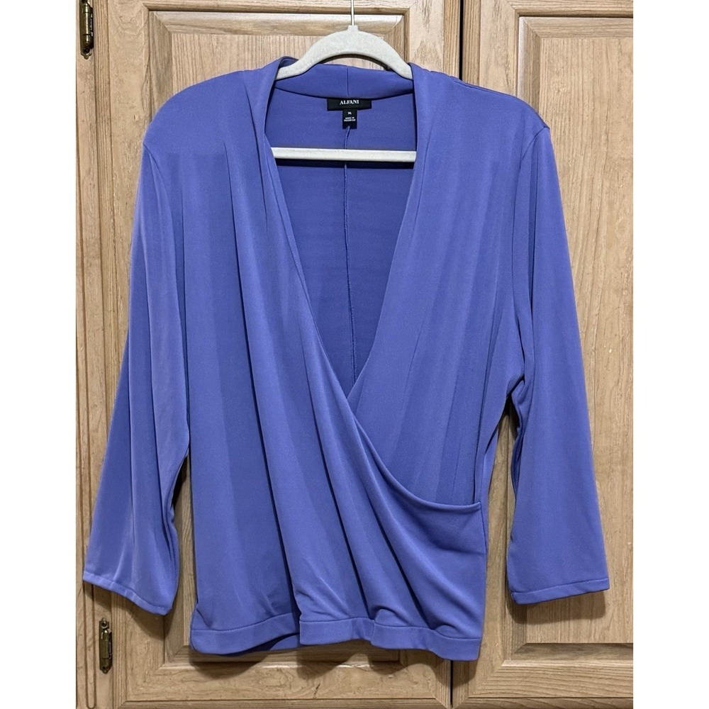 Alfani Faux Wrap Blouse Top Tunic Women's Size XL Purple 3/4 Sleeve‎ V Neck Work